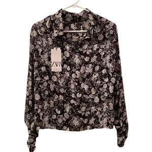 NWT Zara Blouse Black White Floral Metallic Thread Keyhole Neck WM SZ M